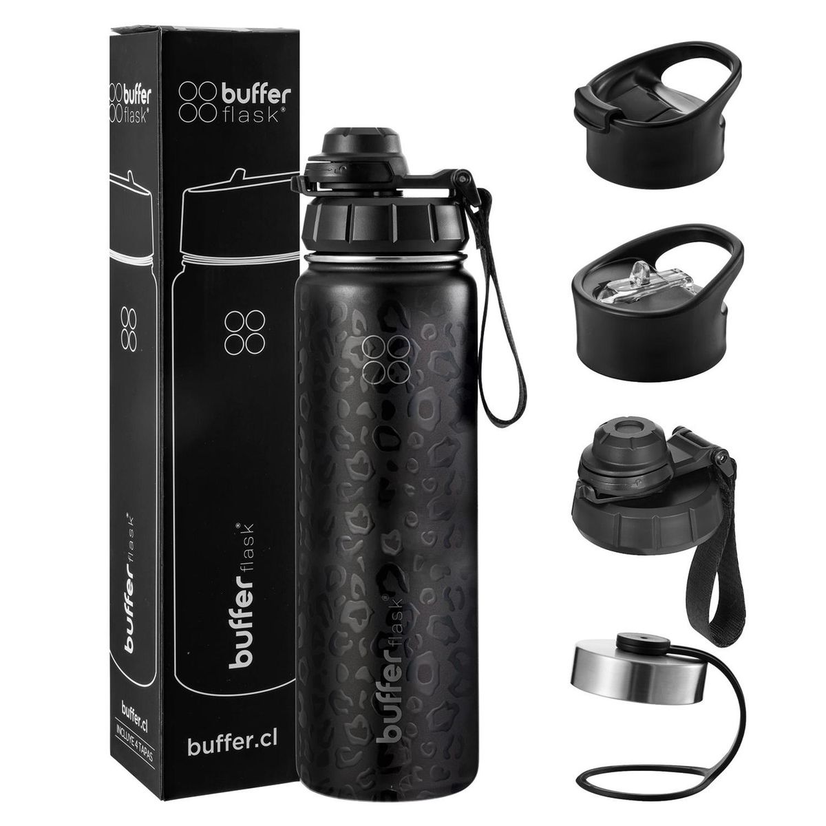 BUFFER FLASK - Termo Botella Agua Termica Inoxidable Buffer+Tapas - Negro