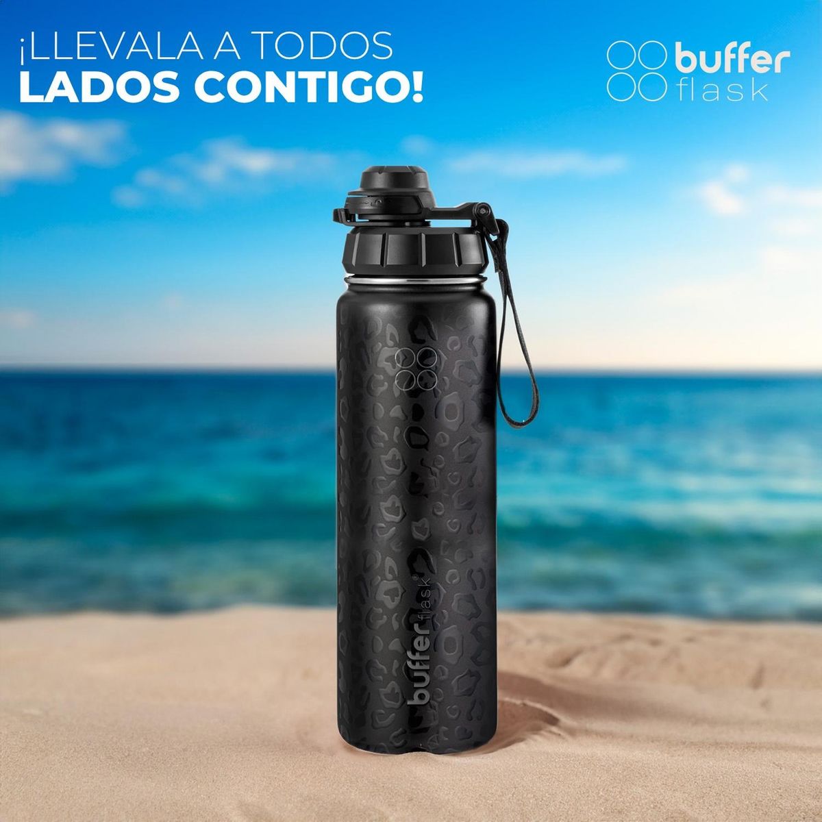 BUFFER FLASK - Termo Botella Agua Termica Inoxidable Buffer+Tapas - Negro