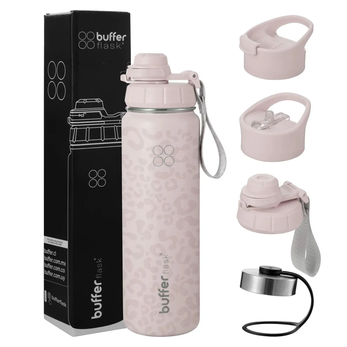 BUFFER FLASK - Termo Botella Agua Termica 700 Ml Buffer Acero Inoxidable + 4 Tapas - Rosa