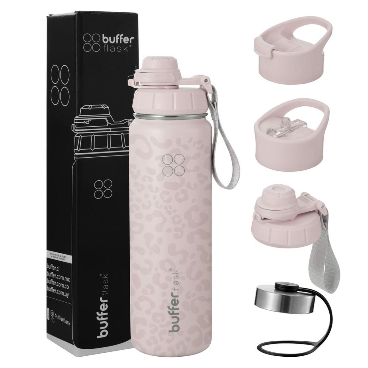 BUFFER FLASK - Termo Botella Agua Termica 700 Ml Buffer Acero Inoxidable + 4 Tapas - Rosa