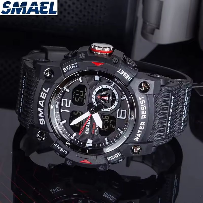 SMAEL - RELOJ SMAEL 8007 ORIGINAL DOBLE HORA SUMERGIBLE NEGRO ROJO