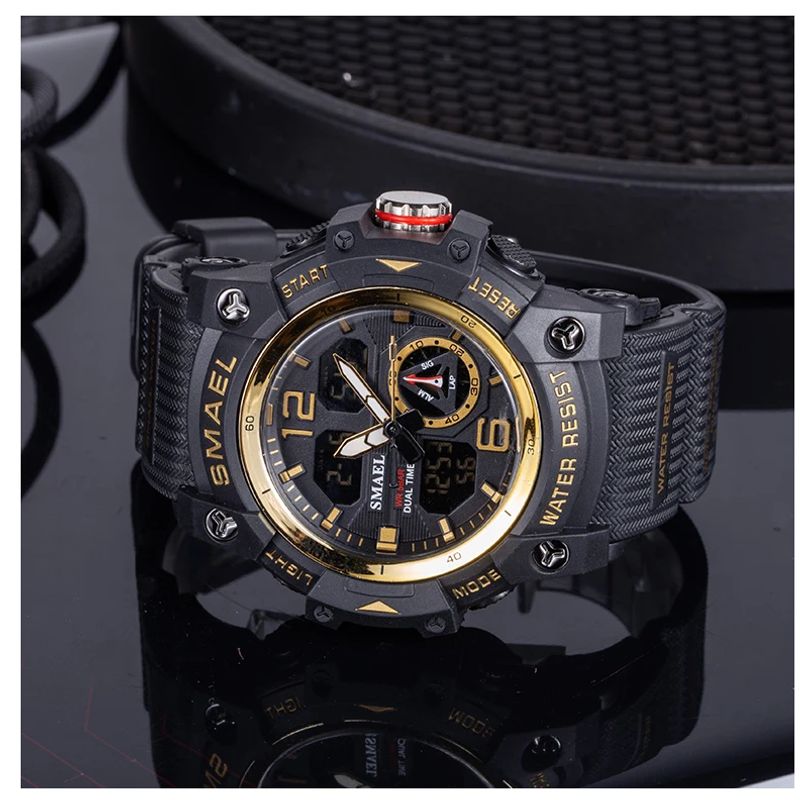 SMAEL - RELOJ SMAEL 8007 ORIGINAL DOBLE HORA SUMERGIBLE NEGRO DORADO