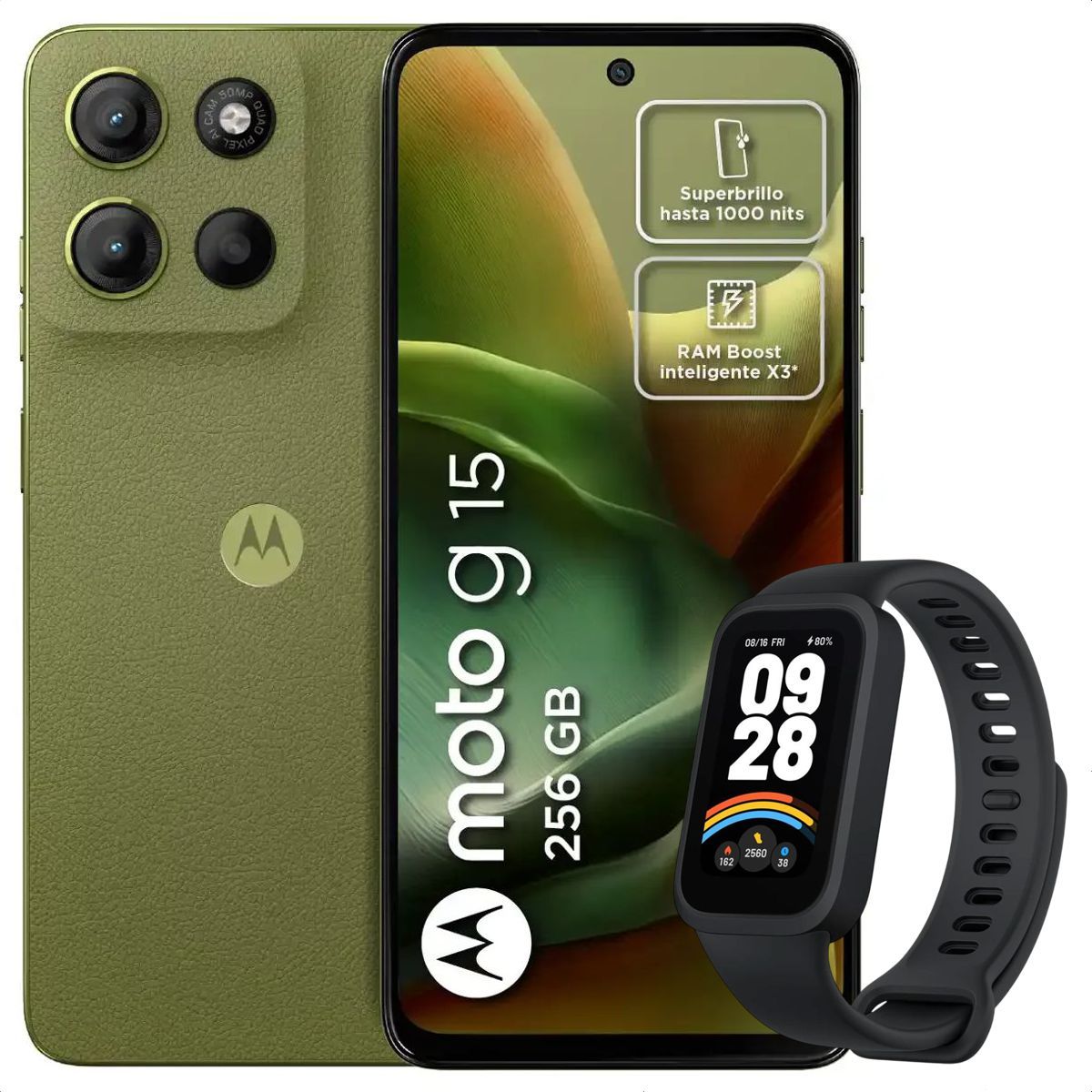 MOTOROLA - Celular Motorola Moto G15 256GB /4GB Vrd + Mi Band 9 Active Blk