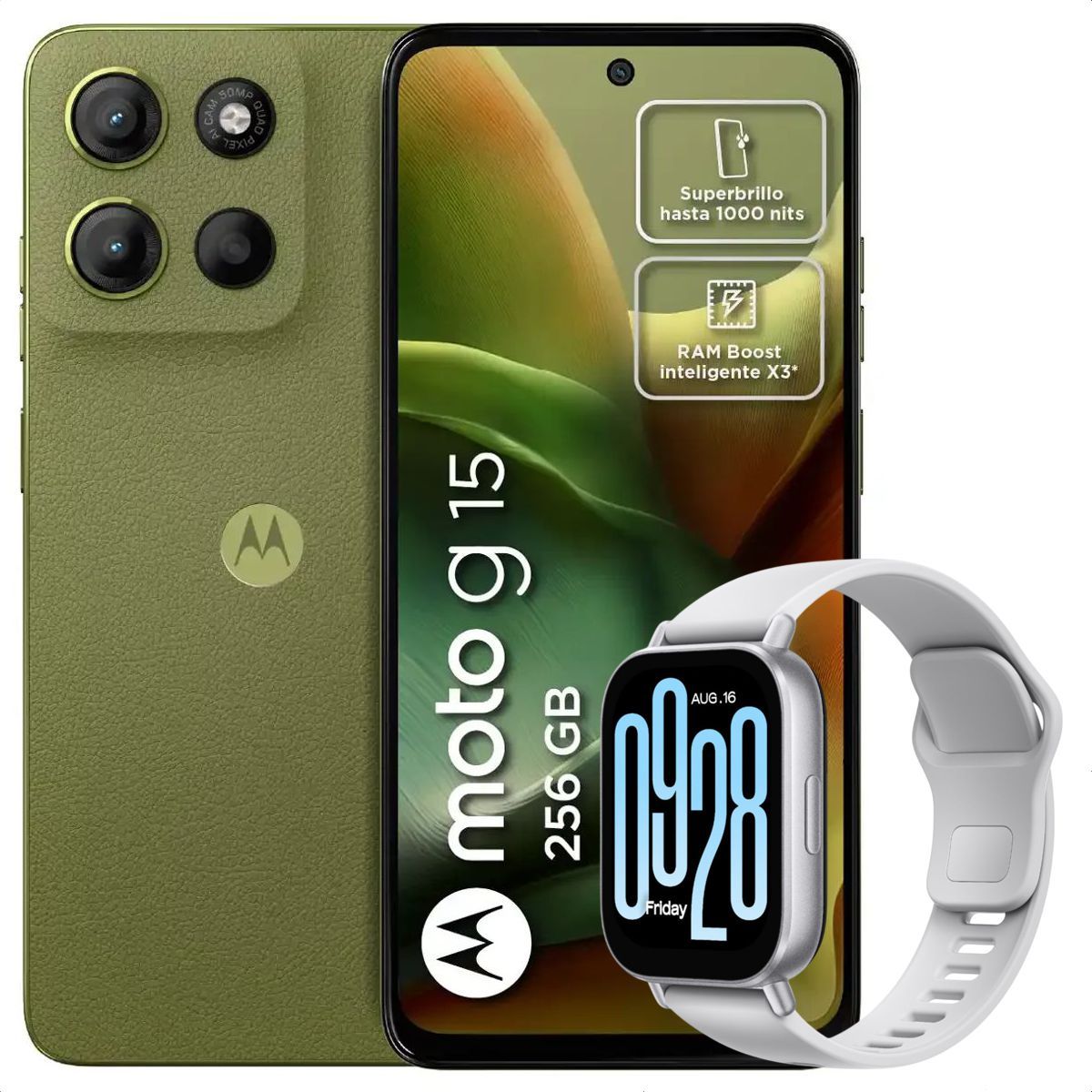 MOTOROLA - Celular Motorola Moto G15 256GB /4GB Vrd + Watch 5 Active Slv