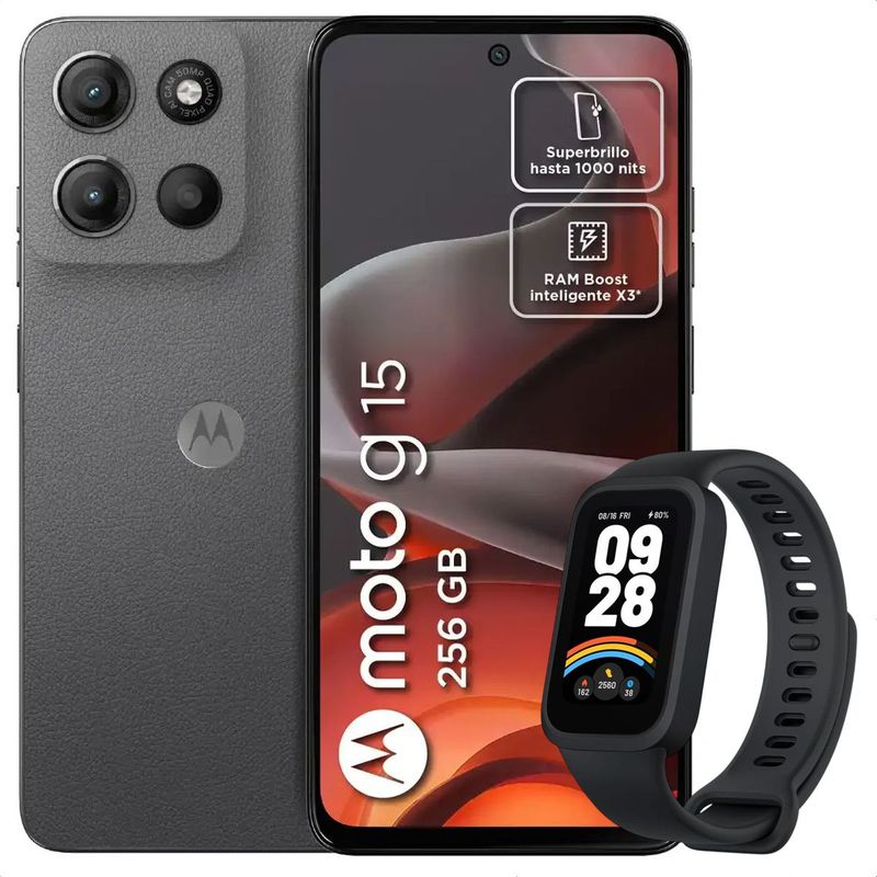 MOTOROLA - Celular Motorola Moto G15 256GB /4GB Gris + Mi Band 9 Active Blk