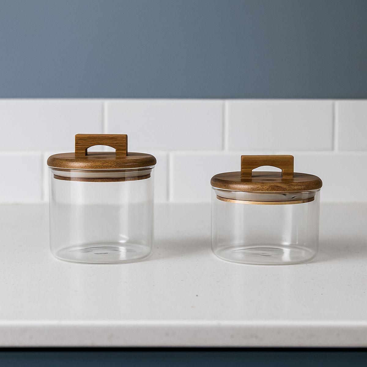 BERGNER - SET X2 TARROS EN VIDRIO PARA ALMACENAR CON TAPA DE ACACIA