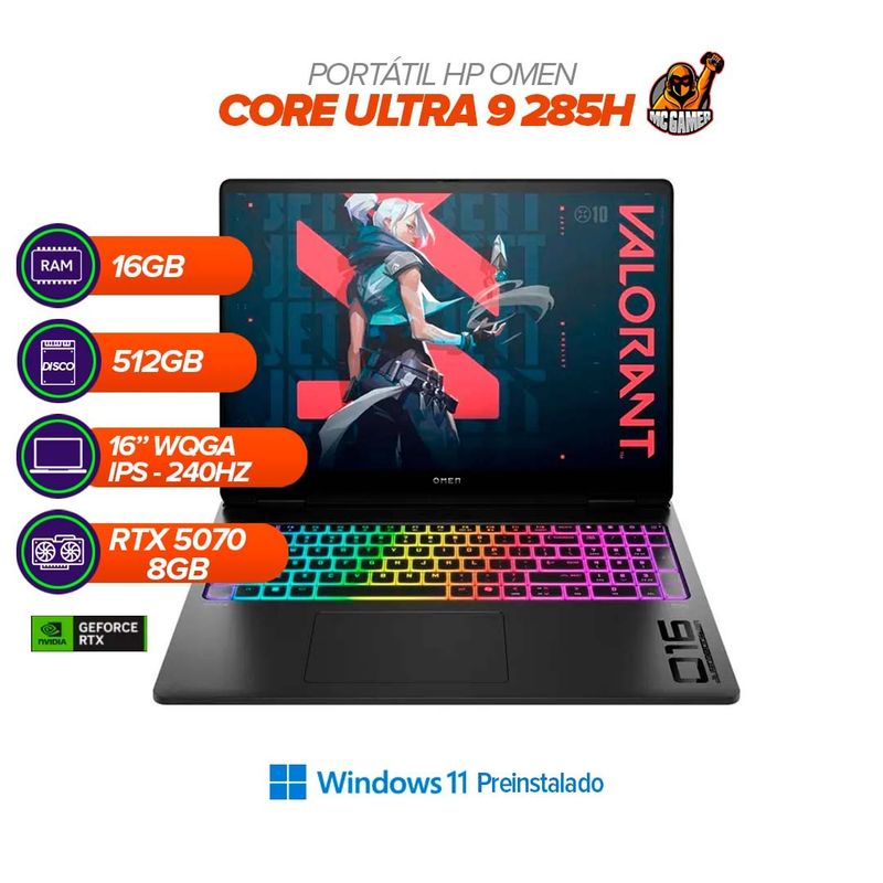 HP - Portátil Gamer HP OMEN 16" 240Hz / Core Ultra 9 285H / RTX 5070 / RAM 16GB / SSD 512GB