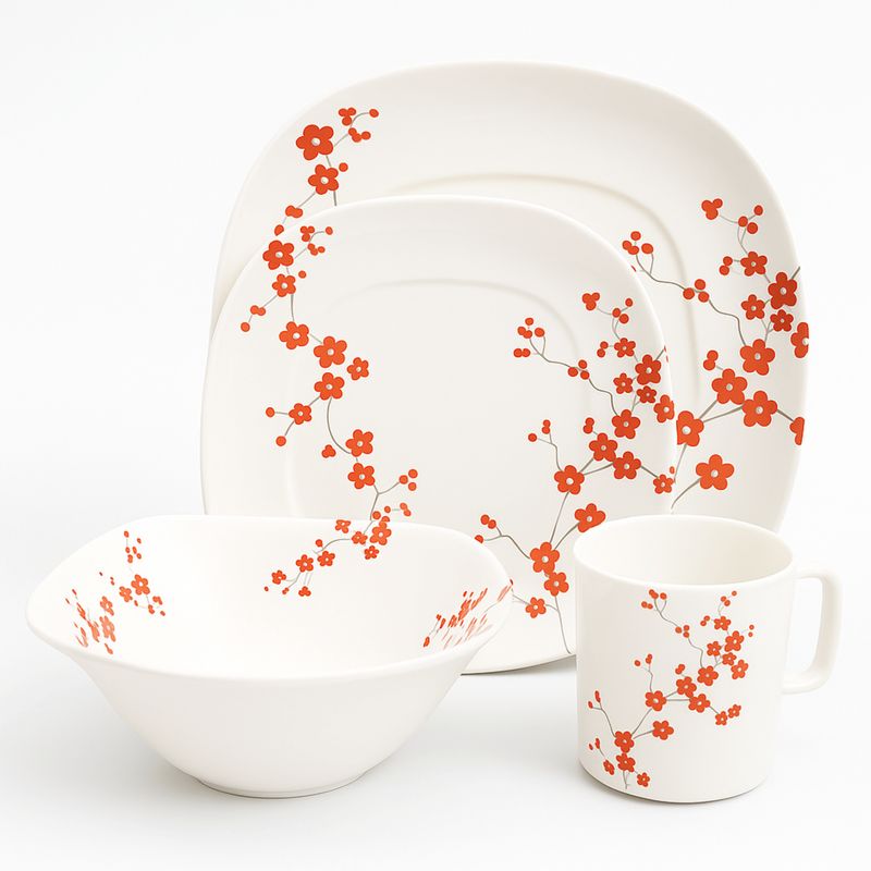KITCHENWARE - VAJILLA EN MELAMINA IMPERIAL BLANCA FLORES ROJAS SEMI CUADRADA 16 PIEZAS