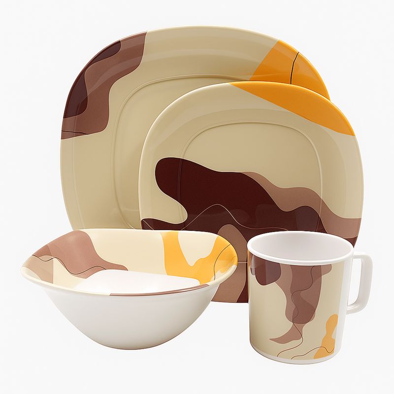 KITCHENWARE - VAJILLA IMPERIAL BLANCA EN MELAMINA CON MANCHAS CAFES Y AMARILLAS