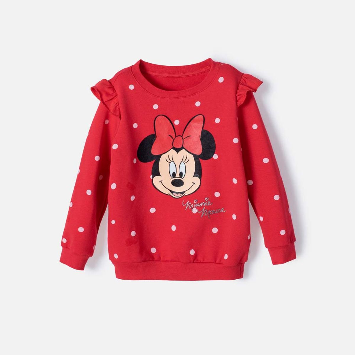 DISNEY - Buzo de Minnie Mouse rojo estampado en frente para niña 2T a 5T