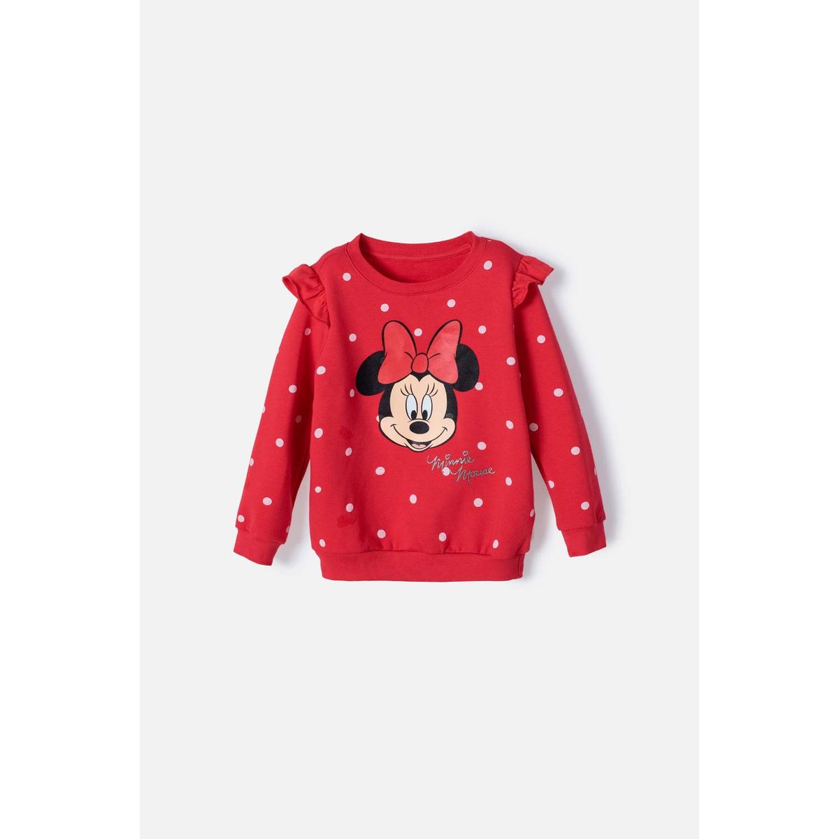 DISNEY - Buzo de Minnie Mouse rojo estampado en frente para niña 2T a 5T