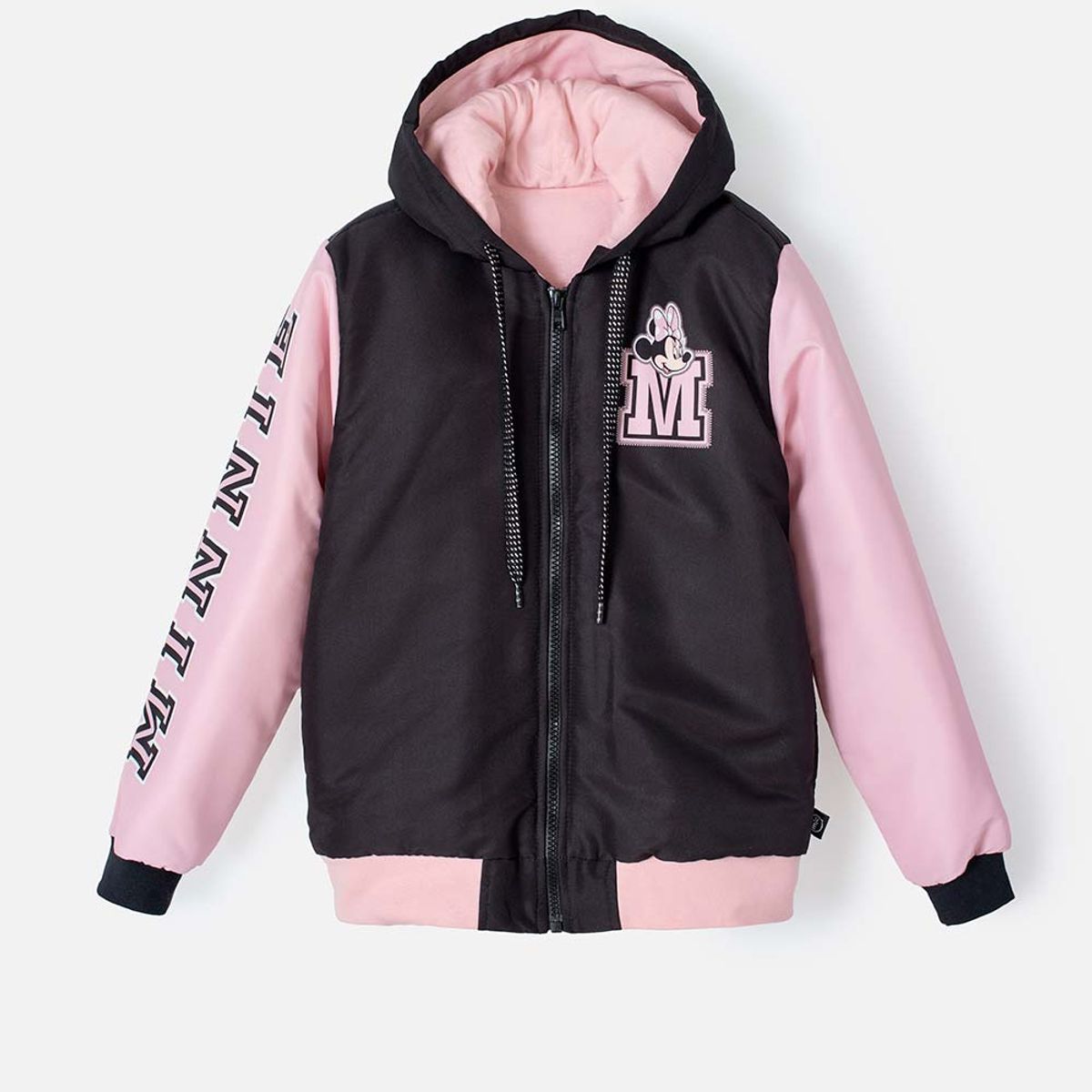 DISNEY - Chaqueta de Minnie Mouse negra y rosada impermeable para niña