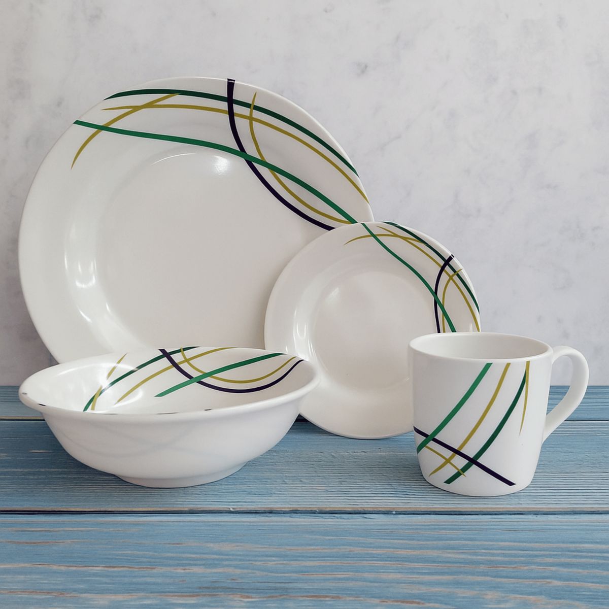 KITCHENWARE - VAJILLA EN MELAMINA BASICA BLANCA REDONDA LINEAS DE COLORES