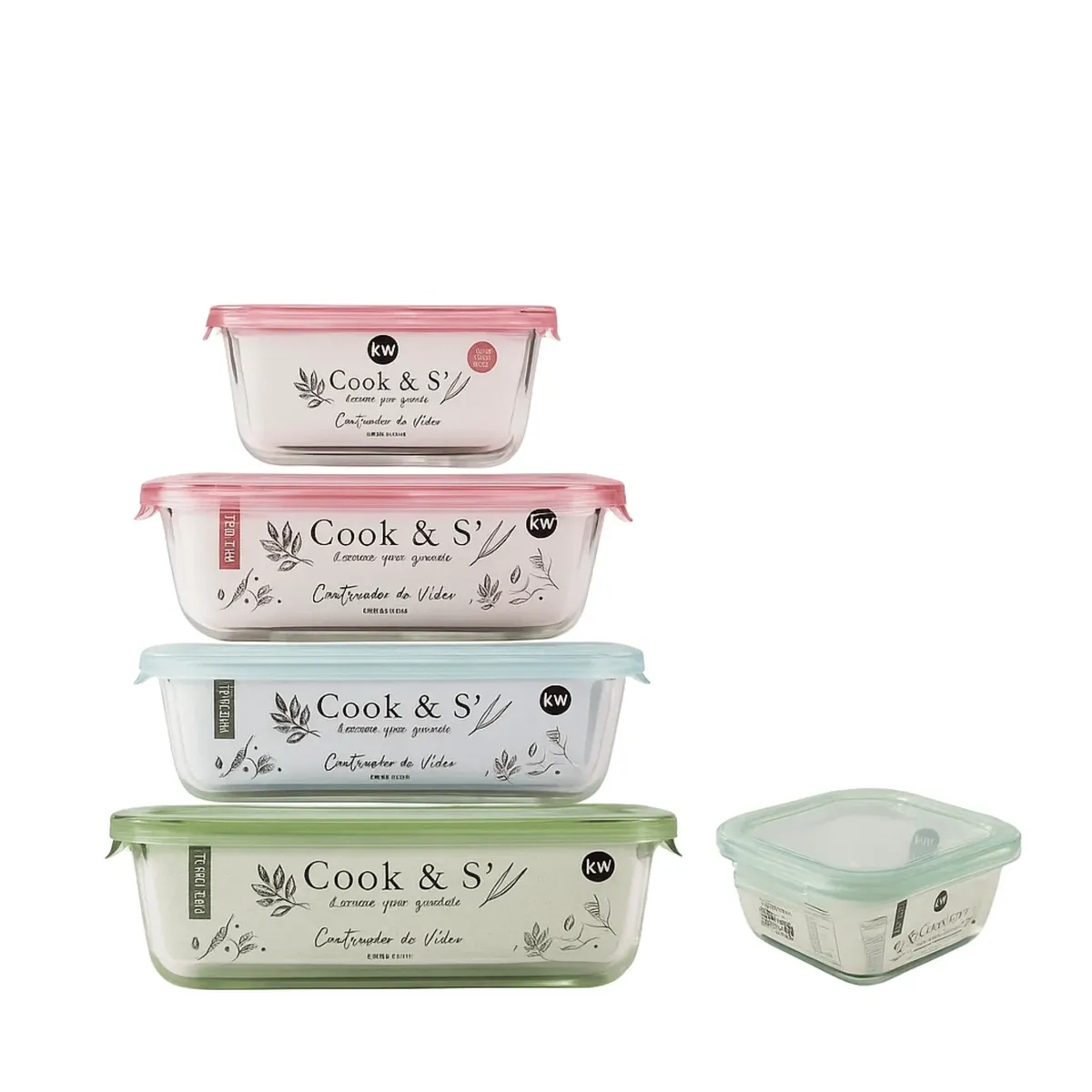 KITCHENWARE - Set x5 Contenedores Refractarios Vidrio  Rectangulares y Cuadrados