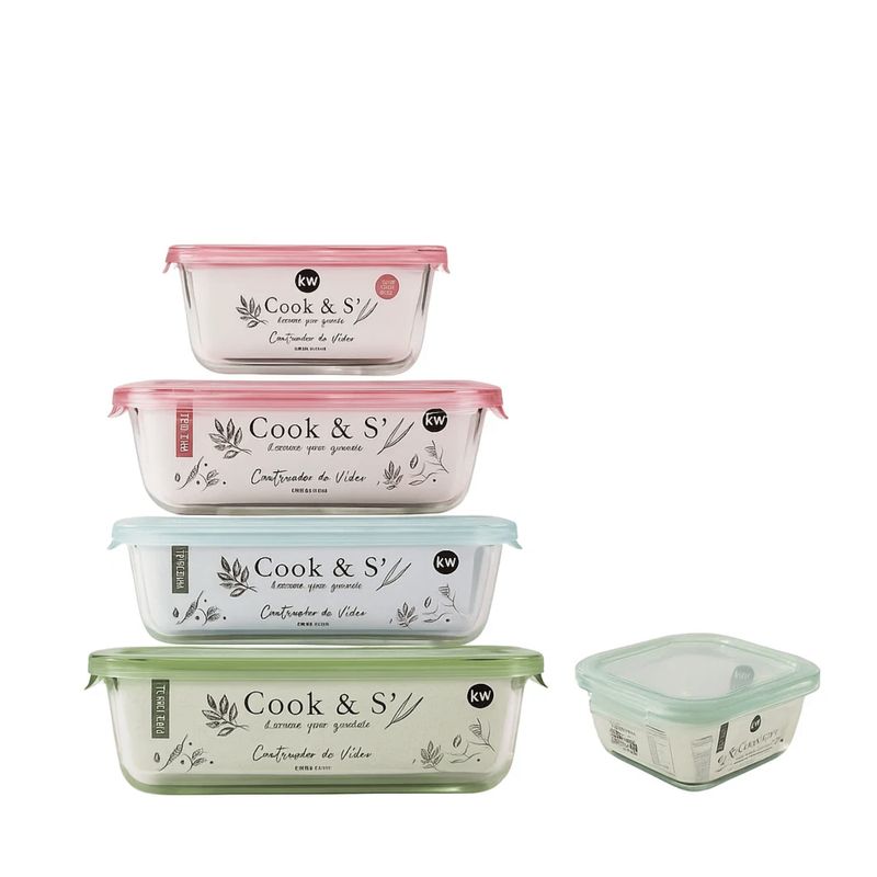 KITCHENWARE - Set x5 Contenedores Refractarios Vidrio  Rectangulares y Cuadrados