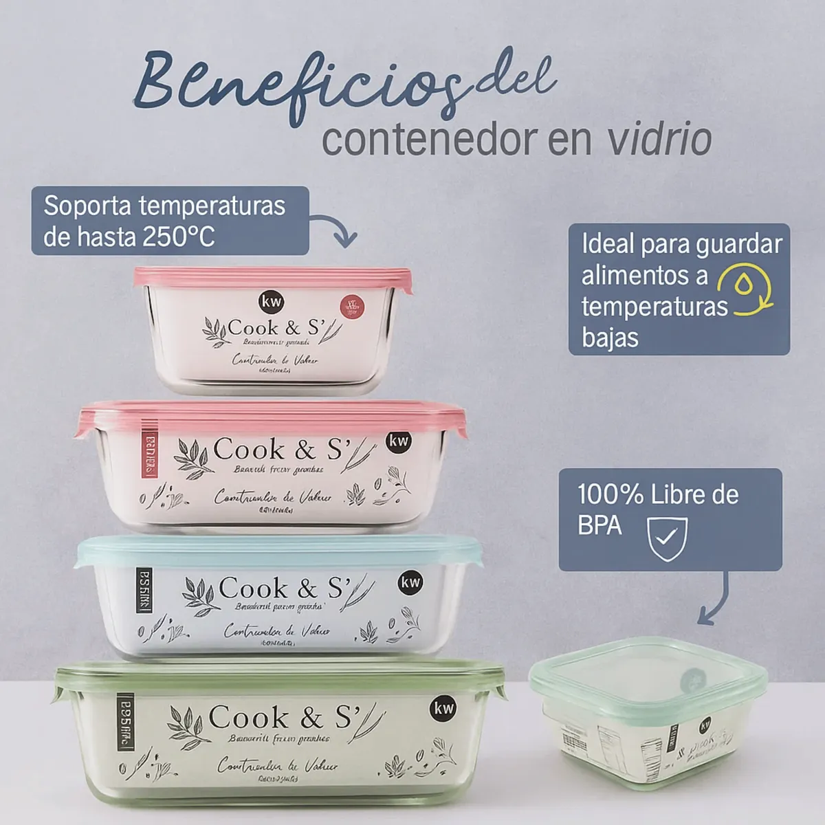KITCHENWARE - Set x5 Contenedores Refractarios Vidrio  Rectangulares y Cuadrados