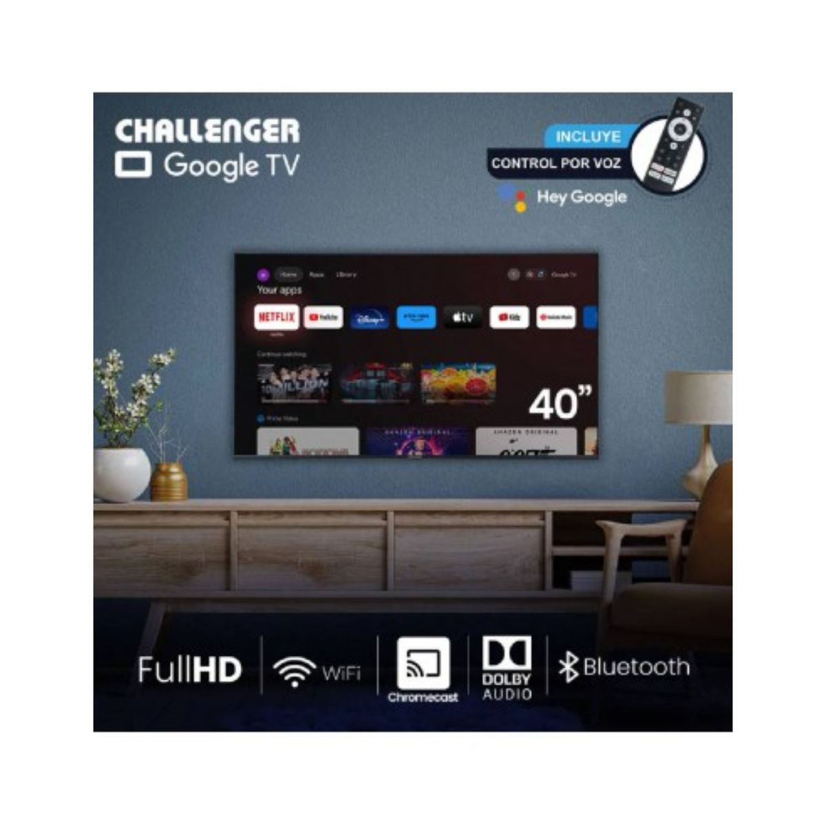 CHALLENGER - Televisor Challenger 40 pulgadas Led Full HD Google TV LED 40TG81 BT GOOGLETV T2