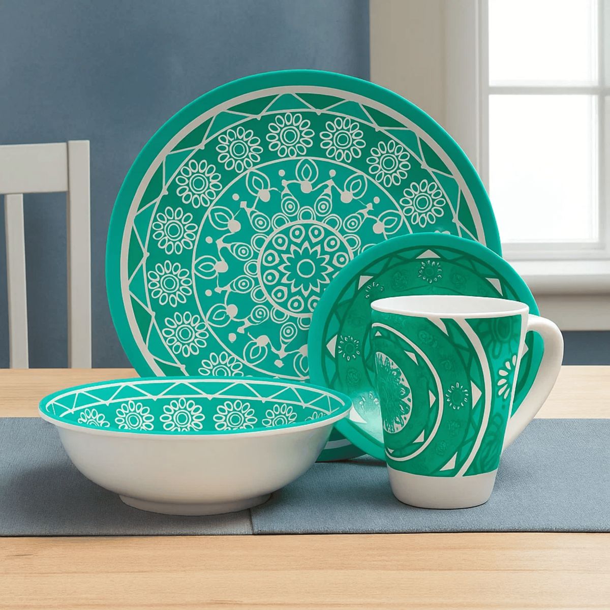 KITCHENWARE - Vajilla 16 Piezas Melamina Verde Redonda con Diseño Blanco