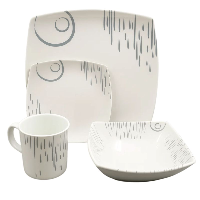 KITCHENWARE - Vajilla 16 Piezas Aster Melamina Blanca con Diseño Gris Redonda