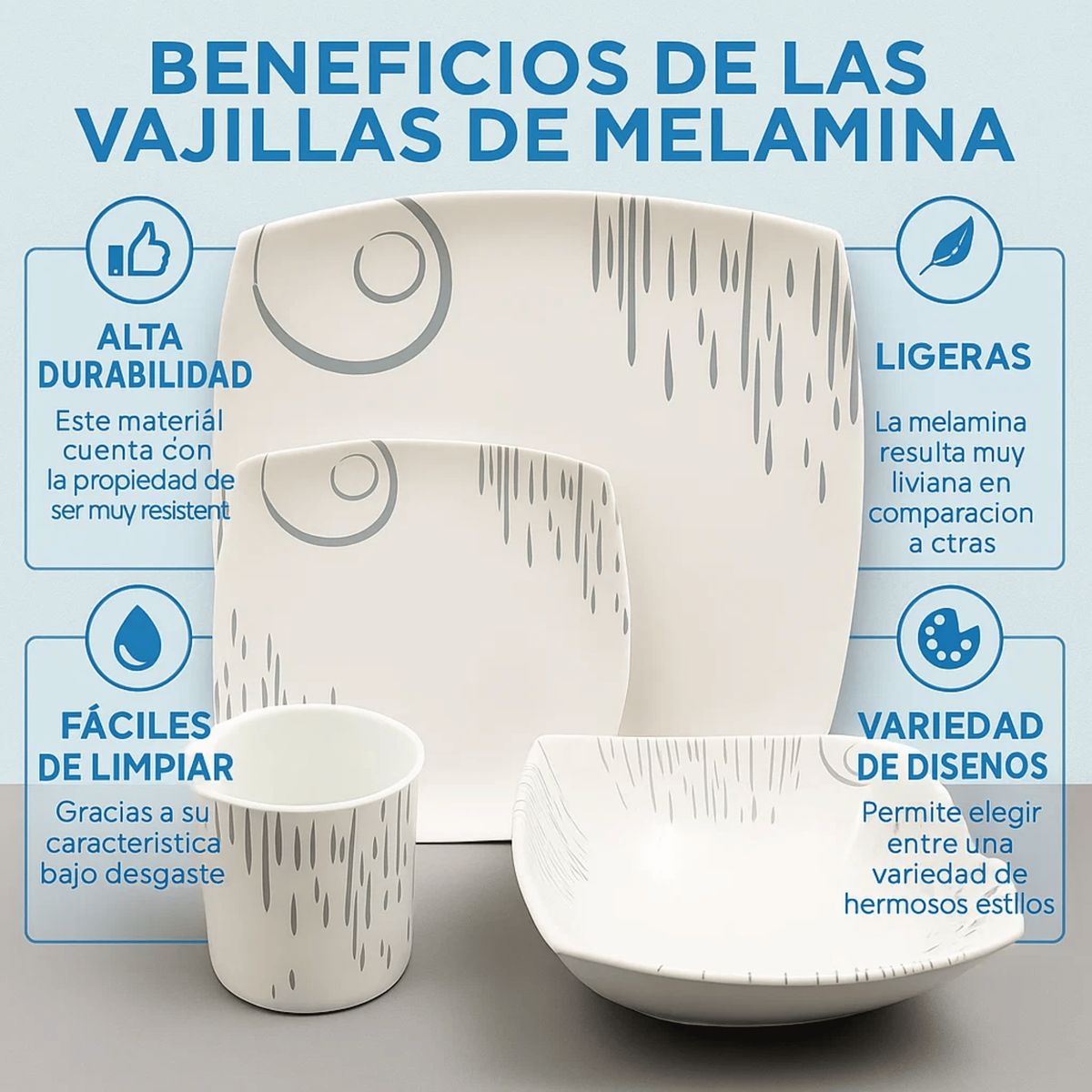 KITCHENWARE - Vajilla 16 Piezas Aster Melamina Blanca con Diseño Gris Redonda