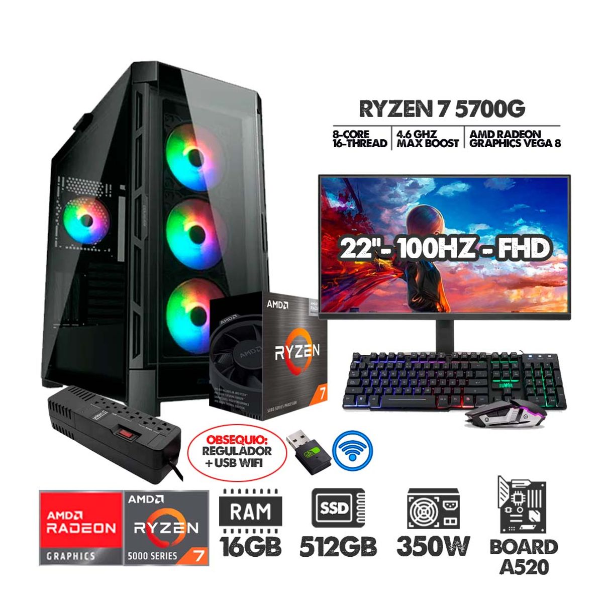 AMD - PC RYZEN 7 5700G+ MONITOR 22 FHD 100HZ+ RAM 16GB+ SSD 512GB+ REGULADOR+ USB WIFI
