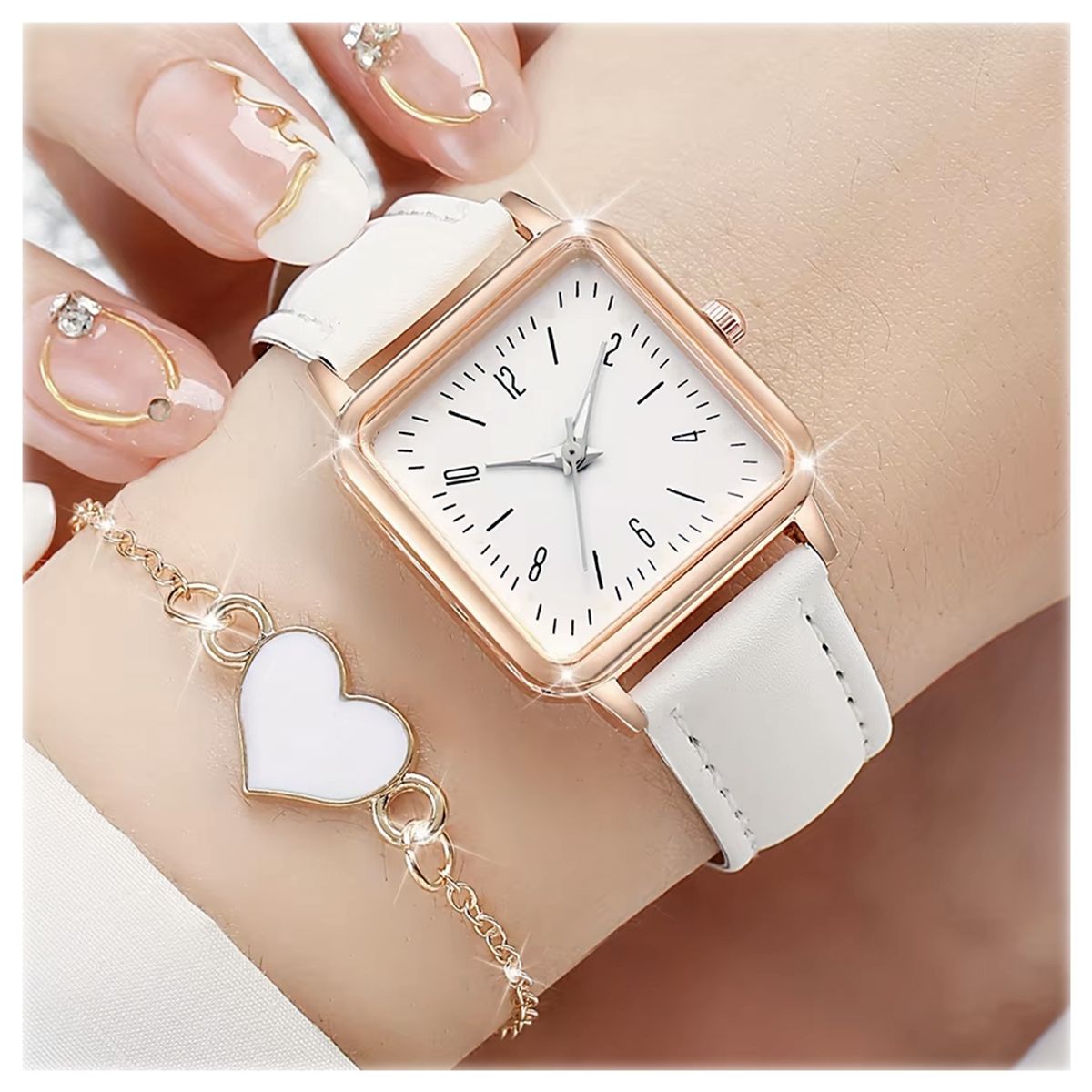J&R - Lindo Conjunto Reloj de Cuarzo + Pulsera de Corazón - Blanco