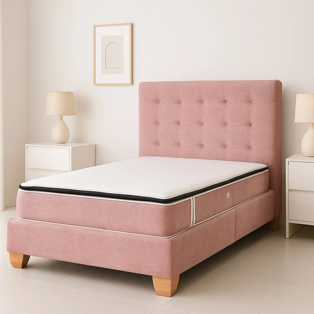 ESTILO Y CONFORT - Basecama + Colchón Resortado + Cabecero Deco 200x200 Palo de Rosa