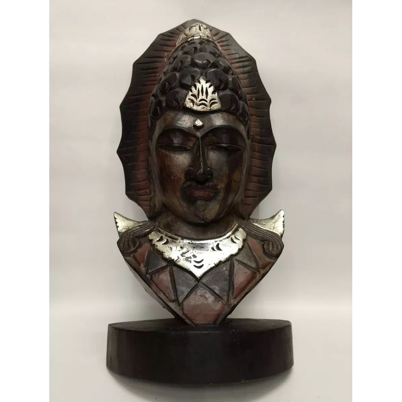 SIN ETIQUETAS - Busto De Diosa Hindu Antiguo En Madera Cedro Y Laminilla