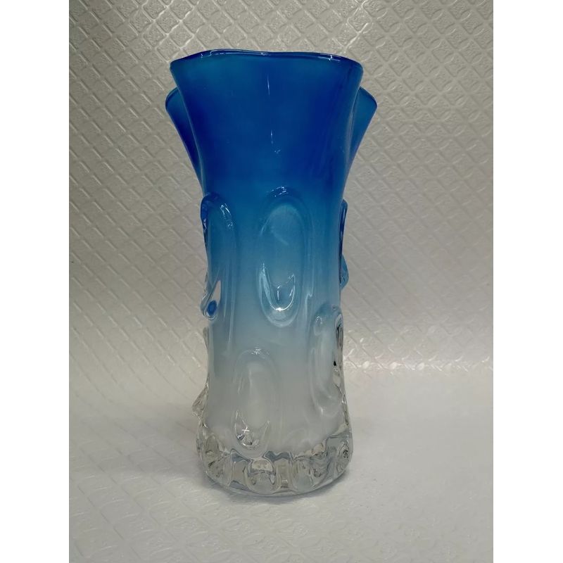 SIN ETIQUETAS - Florero Antiguo Cristal Murano Leche Italy Borde Flor Azul