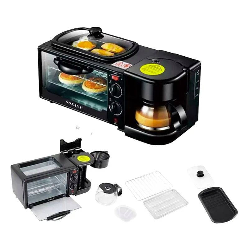 SOKANY - Horno Eléctrico Tostador  Cafetera Parrilla 3 En 1 Original
