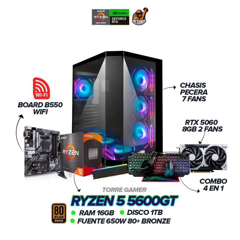 AMD - Torre Gamer Ryzen 5 5600GT / RTX 5060 8GB / 16GB / 1TB / B550 / 650W 80+ BRZ