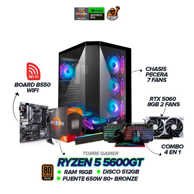 AMD - Torre Gamer Ryzen 5 5600GT / RTX 5060 8GB / 16GB / 512GB / B550 / 650W 80+ BRZ