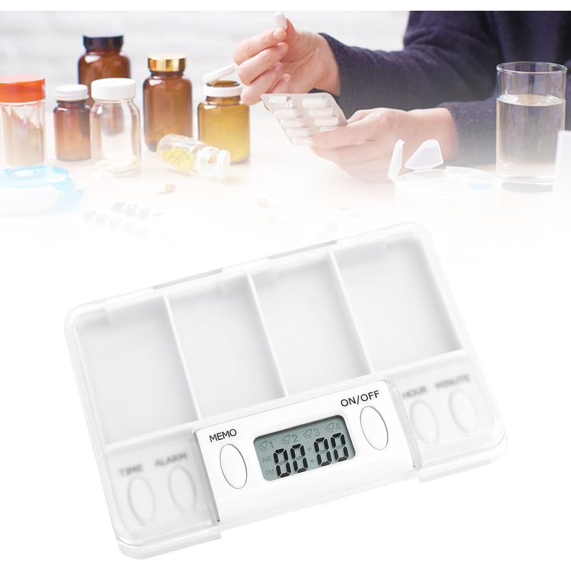 GENERICO - Pastillero con Alarma Digital – 4 Compartimentos + 4 Alarmas Independientes