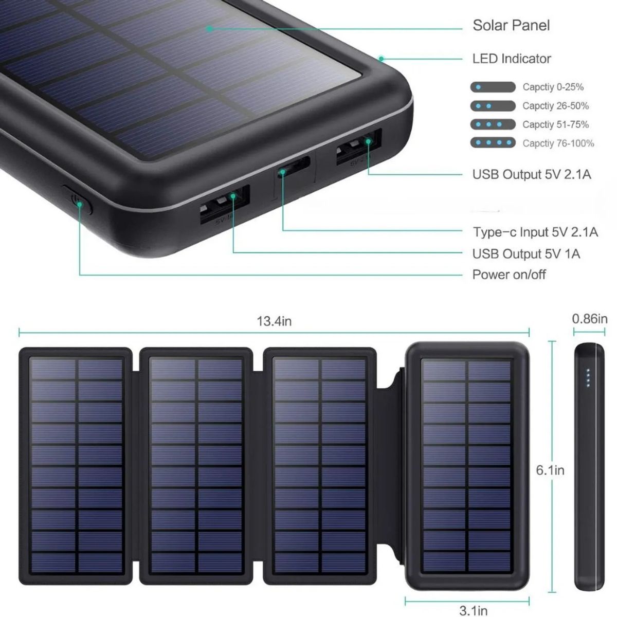 AMERICAN GENERICS - Power Bank Solar Recargable 4 Paneles 20000mah Con Linterna
