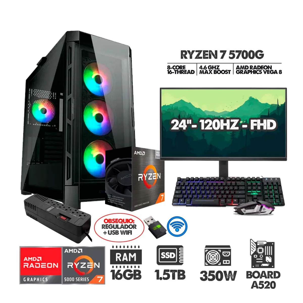 AMD - PC RYZEN 7 5700G+ MONITOR 24 FHD 120HZ+ RAM 16GB+ SSD 1,5TB+ REGULADOR+ USB WIFI