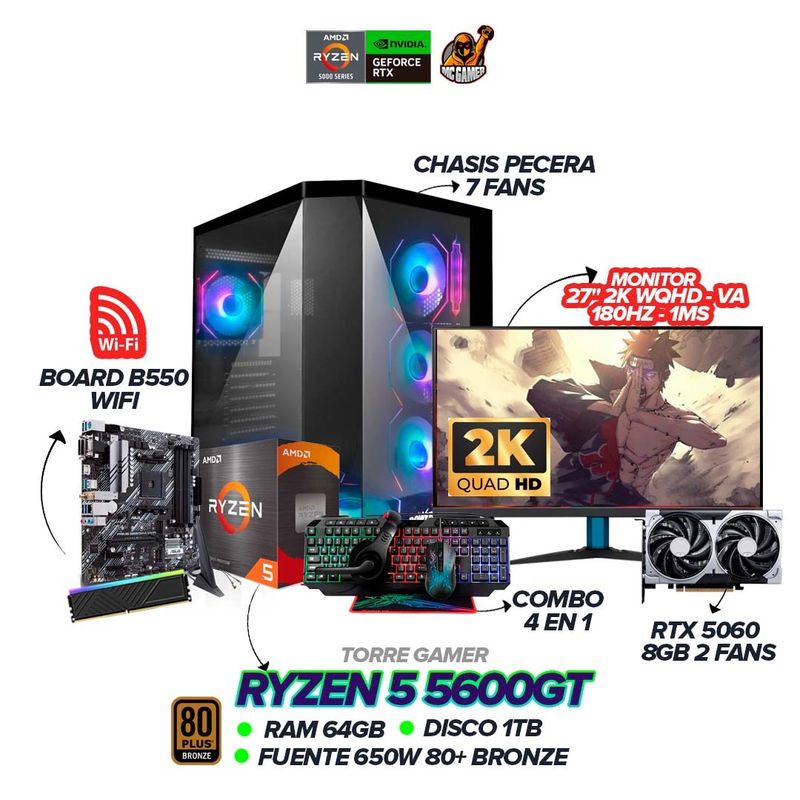 AMD - PC Gamer Ryzen 5 5600GT/RTX 5060 8GB/64GB/1TB/B550/650W BRZ/Monitor 27" 180Hz