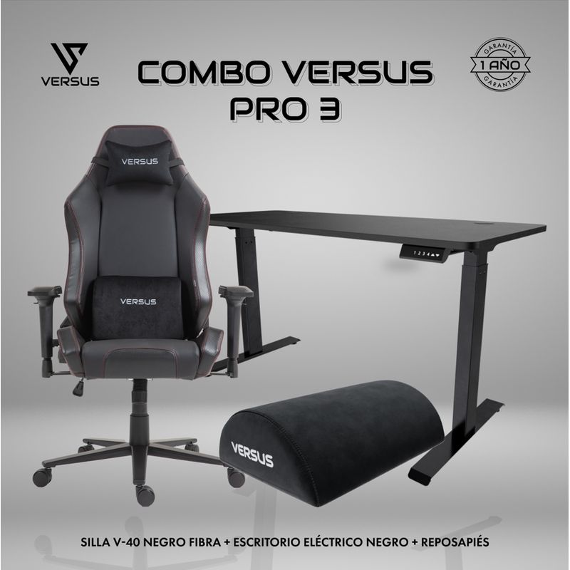 VERSUS - Combo Versus Pro 3 + Silla Gamer Premium V40 + Escritorio Eléctrico Negro + Reposapiés negro