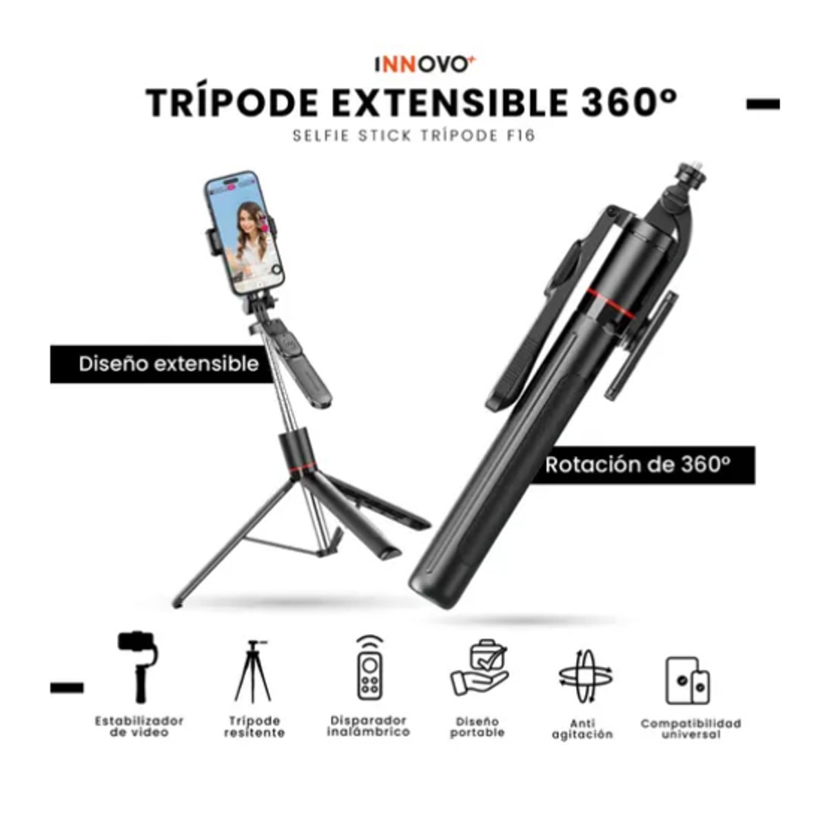 INNOVA - Trípode Palo Selfie Profesional Control Bluetooth Giro 80° Portátil