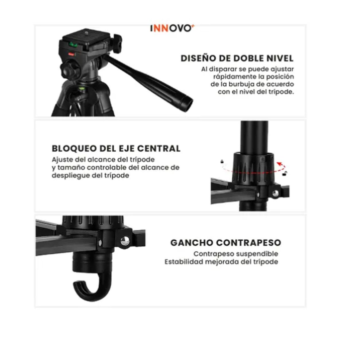 INNOVA - Trípode Profesional 170cm Doble Nivel Para Cámara Y Celular Giro 360°