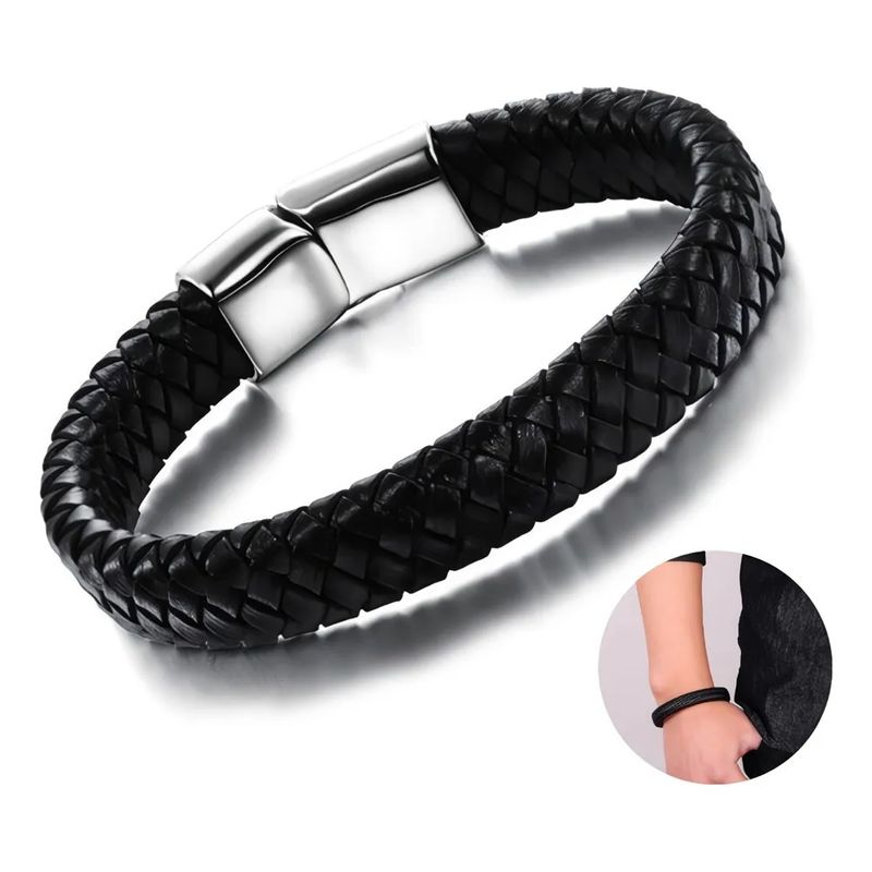 GENERICO - Pulsera Cuero Trenzado Moda Vintage Cierre Magnético Unisex