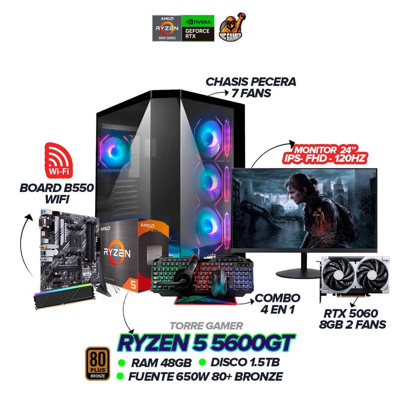 AMD - PC Gamer Ryzen 5 5600G / RTX 5060 8GB / 48GB RAM / 1.5TB / Monitor 24” 120Hz