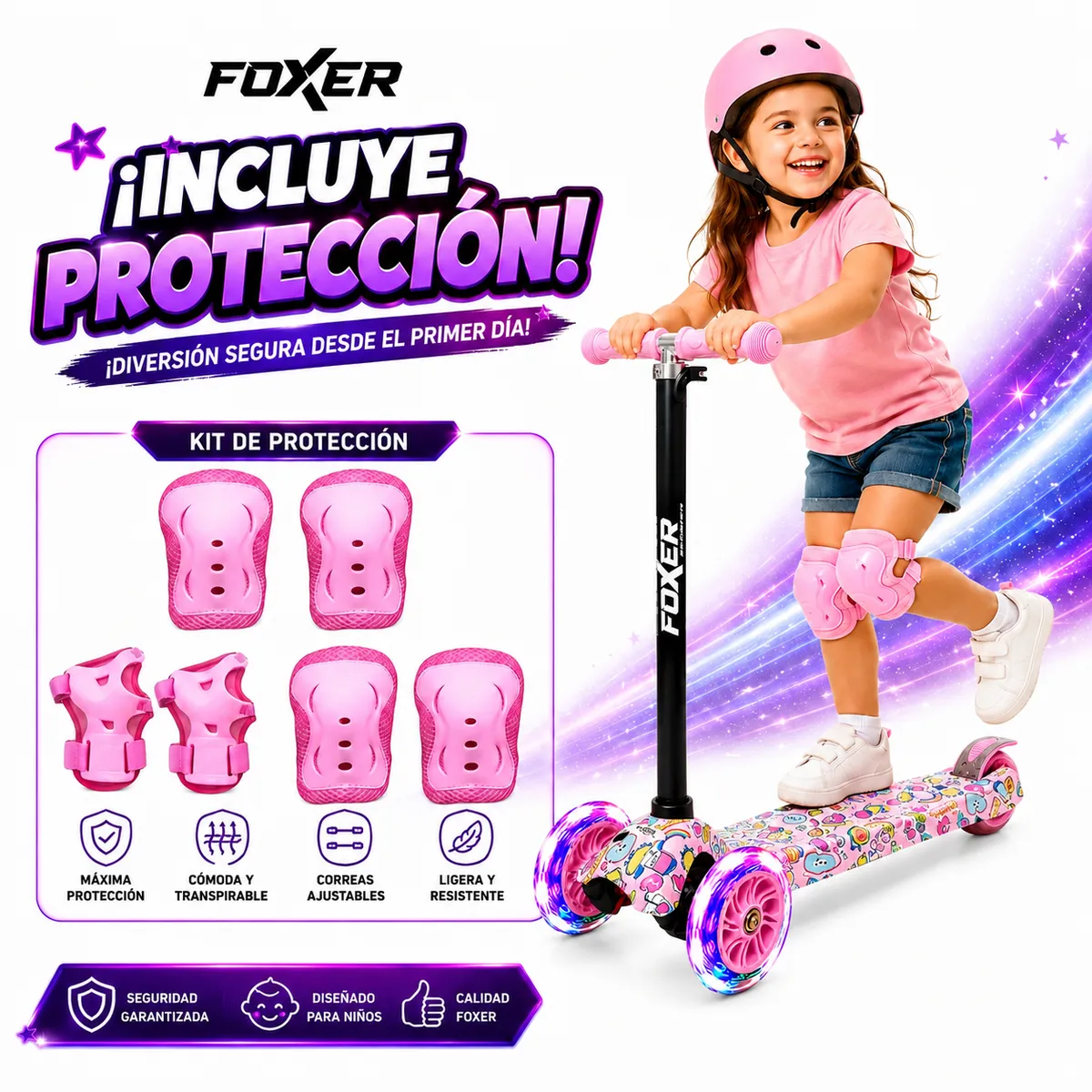 MULTIPLACE COLOMBIA - Patineta scooter para niños grande foxer scooter extra fina + Proteccion