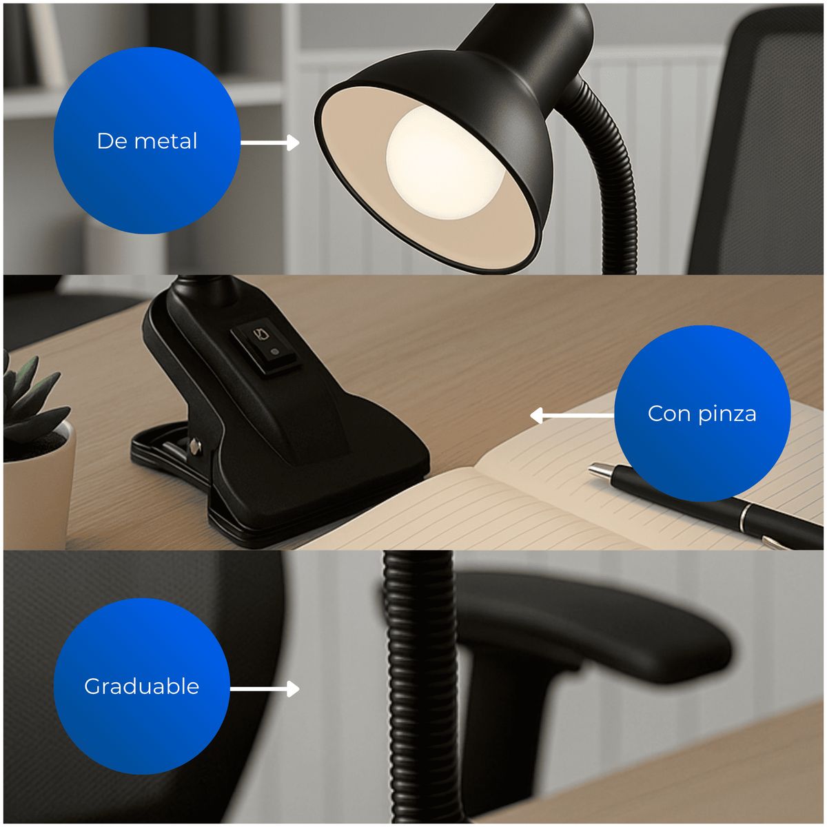 MUEBLES 2020 - Lámpara de Escritorio Base Pequeña Pinza Negra