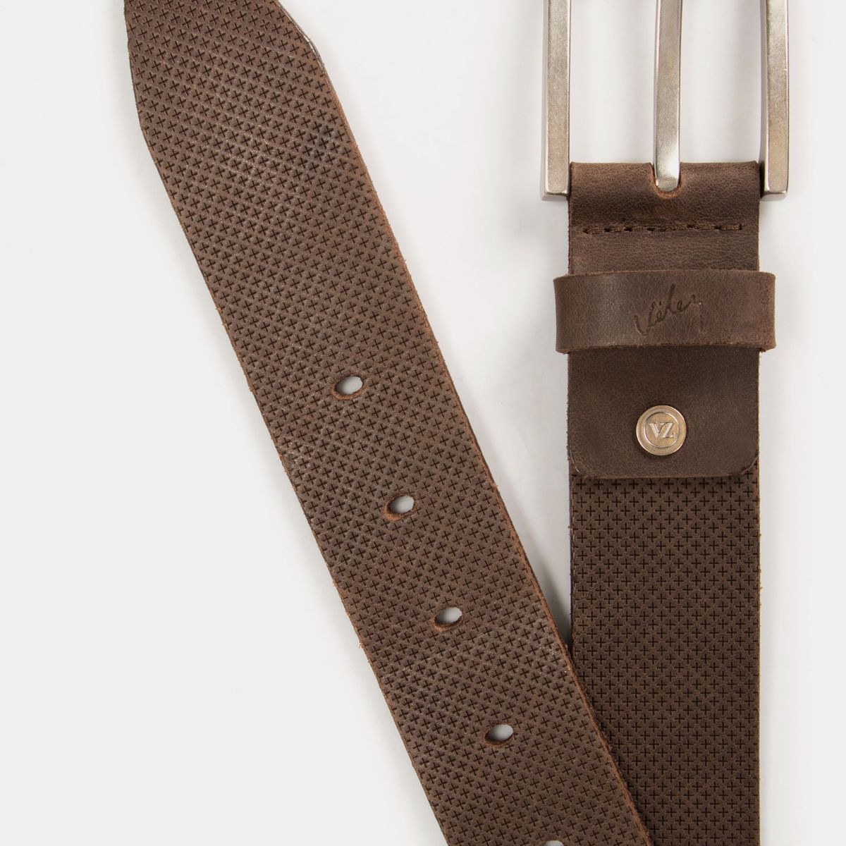 VELEZ - Vélez Cinturón Unifaz Kiat De Cuero Hombre Grabado Placa Cruces Cafe