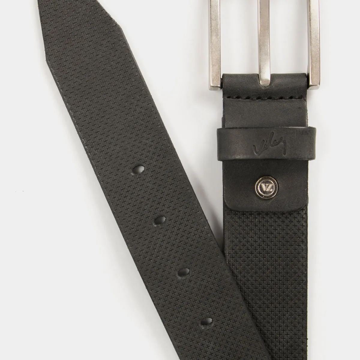 VELEZ - Vélez Cinturón Unifaz Kiat De Cuero Hombre Grabado Placa Cruces Negro