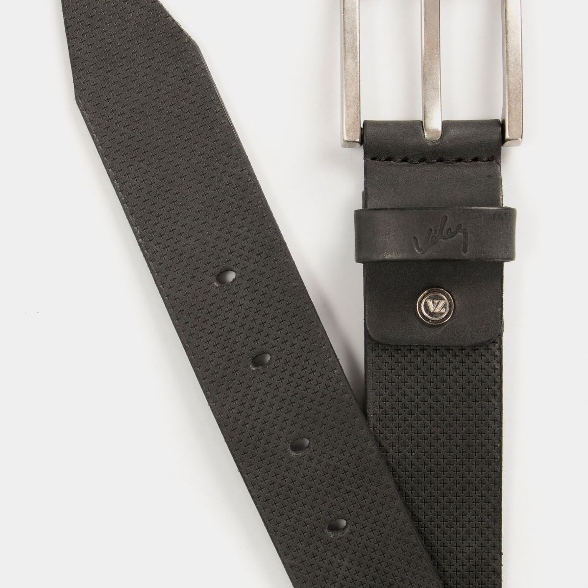 VELEZ - Vélez Cinturón Unifaz Kiat De Cuero Hombre Grabado Placa Cruces Negro