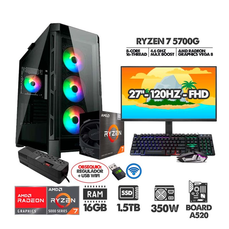 AMD - PC RYZEN 7 5700G+ MONITOR 27 FHD 120HZ+ RAM 16GB+ SSD 1,5TB+ REGULADOR+ USB WIFI