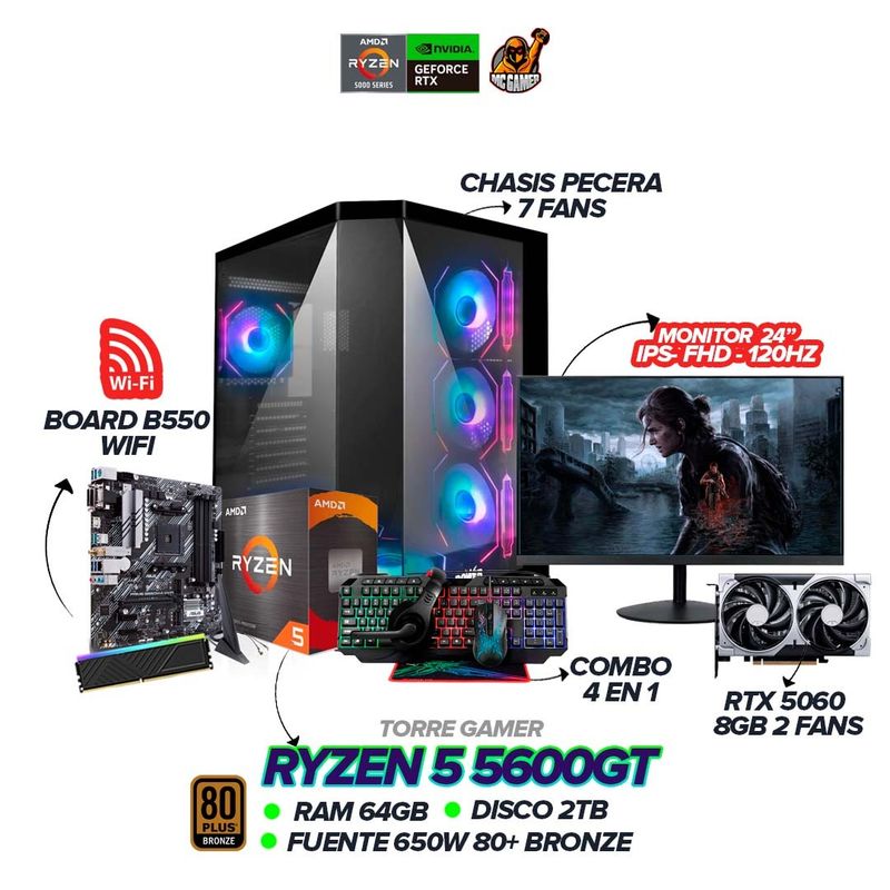 AMD - PC Gamer Ryzen 5 5600G / RTX 5060 8GB / 64GB RAM / 2TB / Monitor 24” 120Hz