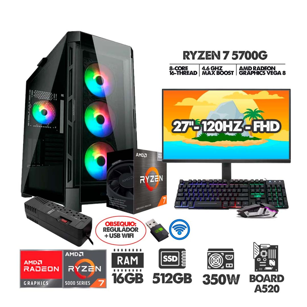 AMD - PC RYZEN 7 5700G+ MONITOR 27 FHD 120HZ+ RAM 16GB+ SSD 512GB+ REGULADOR+ USB WIFI