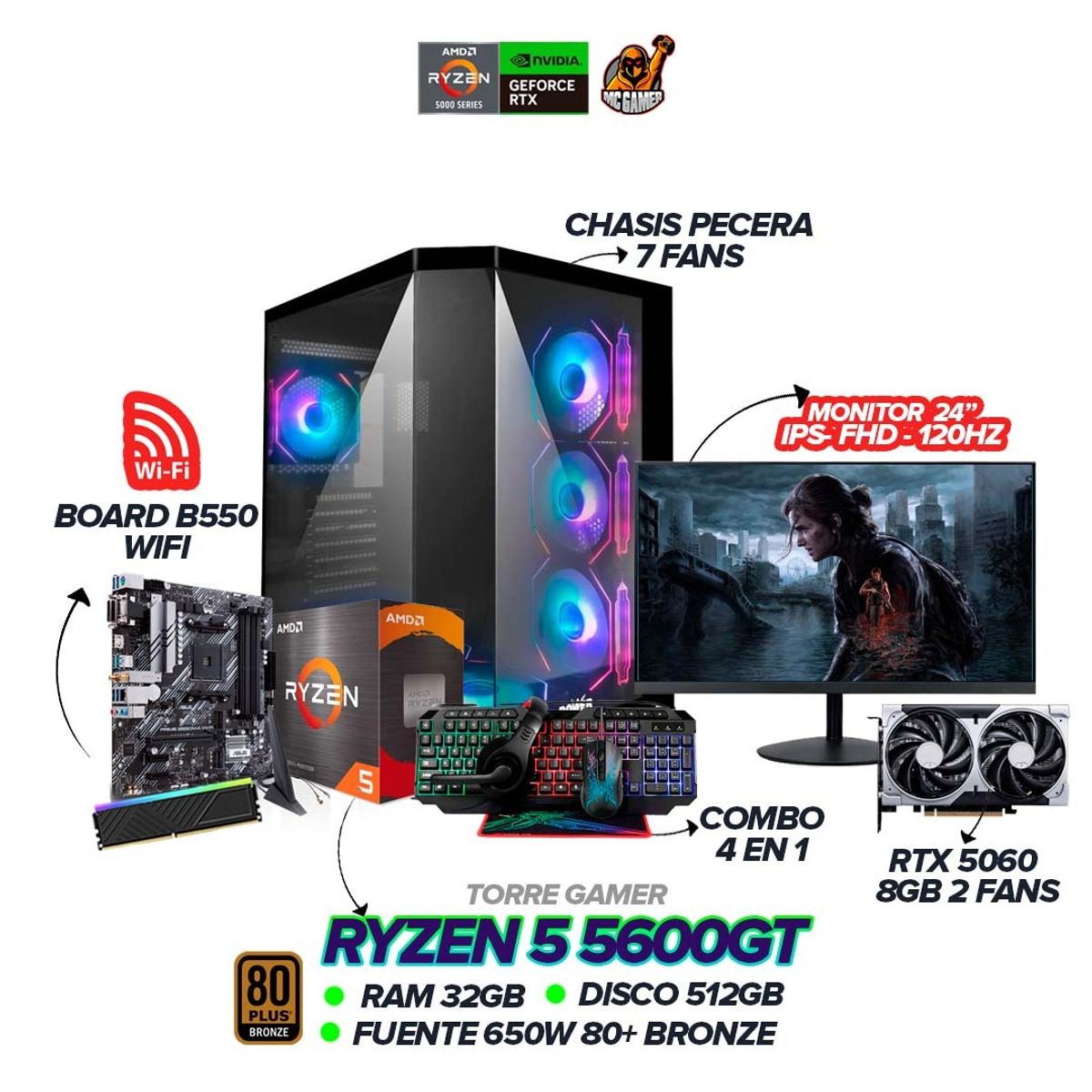 AMD - PC Gamer Ryzen 5 5600G / RTX 5060 8GB / 32GB RAM / 512GB / Monitor 24” 120Hz